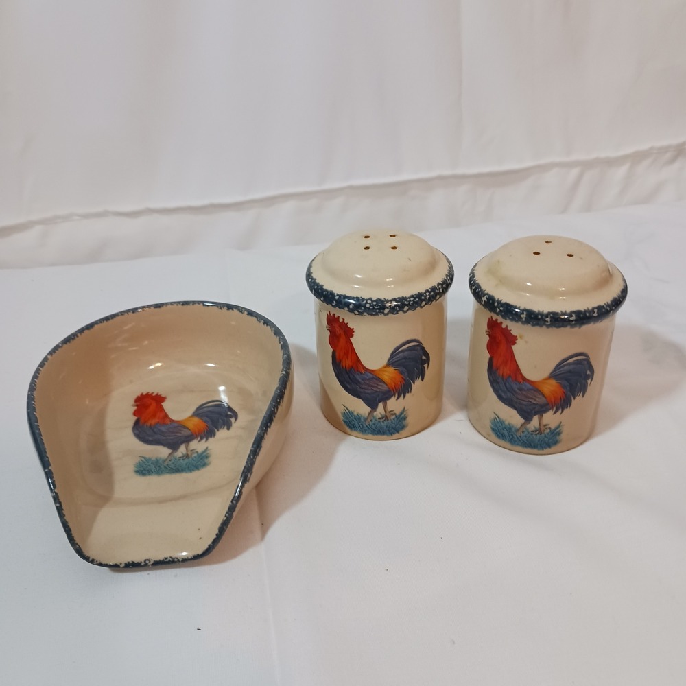 Home & Garden Party Salt Pepper Shaker Spoon Rest Set OS Cream Good Rooster 2004